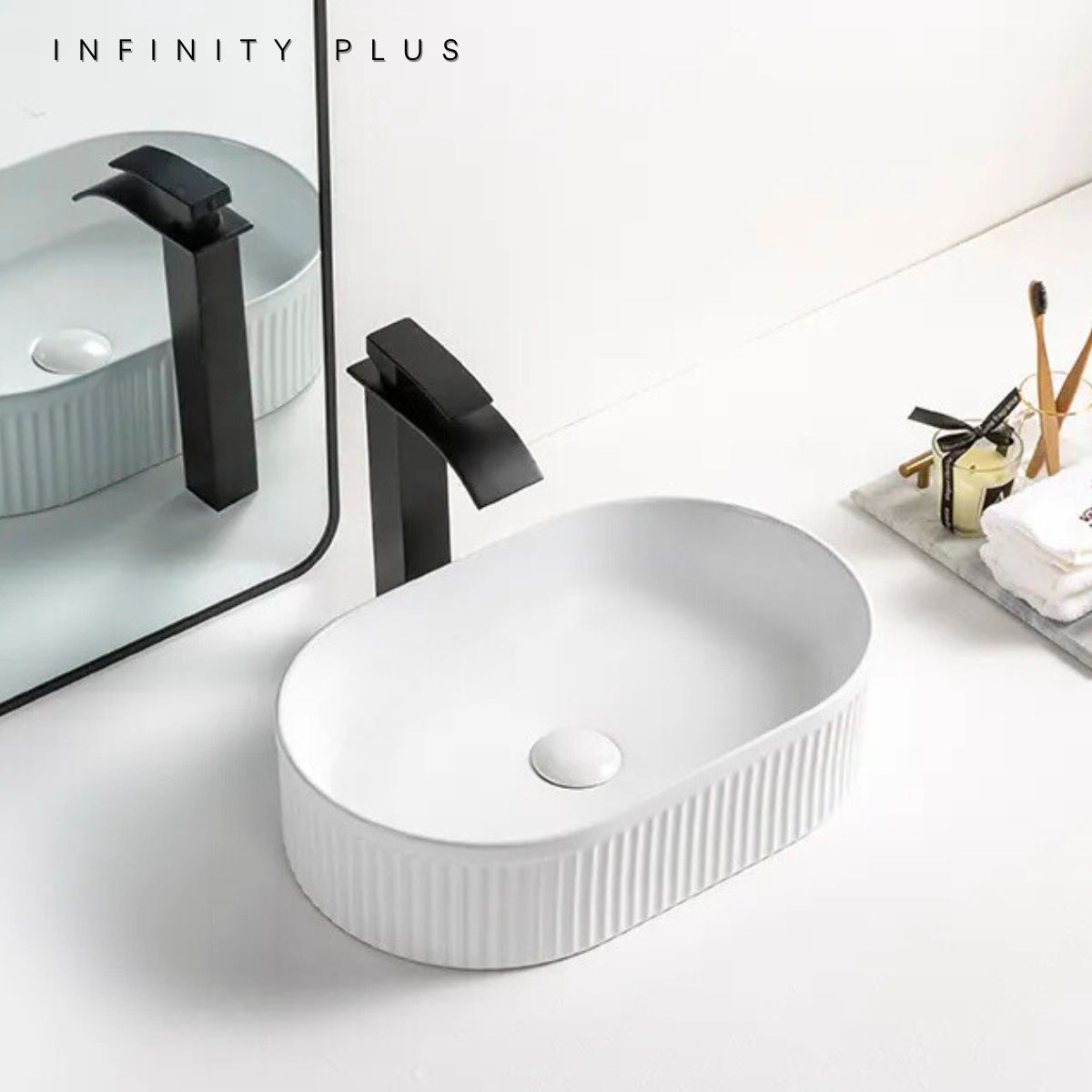 Fluted Oval Above Counter Basin 490*310mm ｜ Matte White