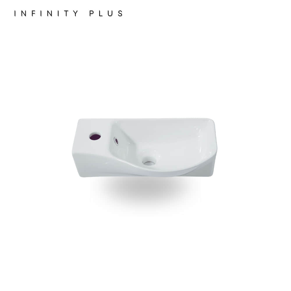 A white rectangular wall-mounted bathroom sink with a curved basin and a small purple accent ring near the drain, shown on a clean white background with the text 'INFINITY PLUS' in the top left corner.
