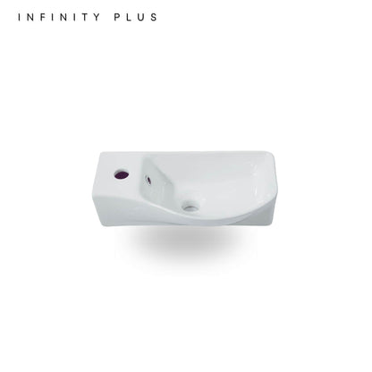 A white rectangular wall-mounted bathroom sink with a curved basin and a small purple accent ring near the drain, shown on a clean white background with the text 'INFINITY PLUS' in the top left corner.