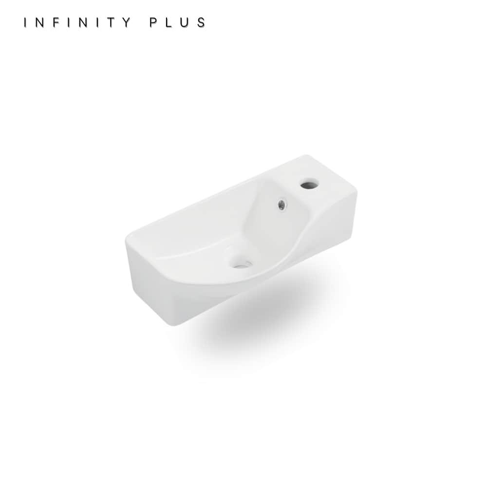 A white ceramic wall-mounted sink basin shown at an angle on a clean white background, with the text 'INFINITY PLUS' in the top left corner.