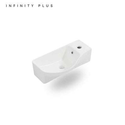 A white ceramic wall-mounted sink basin shown at an angle on a clean white background, with the text 'INFINITY PLUS' in the top left corner.